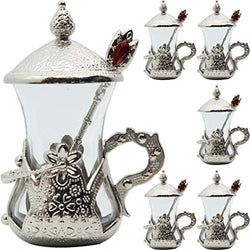 Alisveristime (SET OF 6) Handmade Turkish Tea Water Zamzam Serving Set Glasses Saucer (Silver)