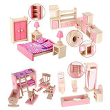 Kunhe 4 Set Wooden Dollhouse Furniture Including Kitchen,Bathroom, Bedroom, Kids Room for Dollhouse Pink Color with 4 Dolls