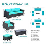 Patio Wicker Furniture Set 6 Pieces Outdoor PE Rattan Conversation Couch Sectional Chair Sofa Set with Turquoise Cushion