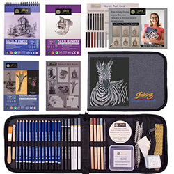 Jaking Creart Master 63 PC Drawing Set,Sketch Kit,Pro Art Supplies|Quality Graphite,Charcoal,Pastel Pencil/Stick,Charcoal Black/3 White,Woodless|5 Type-72 Sheets+6 DIY Sketch Paper,Tutorial|RPET Case