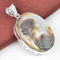Siam panva Valentine Natural Carved Cameo Shell Gemstone Vintage Silver Necklace Pendant
