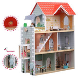 Giant Bean Wooden Doll House, 2.6-ft Tall DIY Miniature Dollhouse Kit with Elevator, Doorbell & Light, 15 Pieces Furniture, Large Toy Gift for Kids Girls Ages 3+