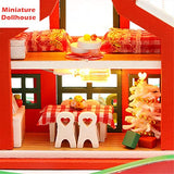 Fine DIY Christmas Miniature Dollhouse Kit, Realistic Mini 3D Wooden House Room Craft Furniture LED Lights Children's Day Birthday Gift Christmas Decoration (Merry Christmas) (Red)