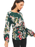 Romwe Women's Floral Print Long Sleeve Self tie Waist Knot Blouse Top Green L