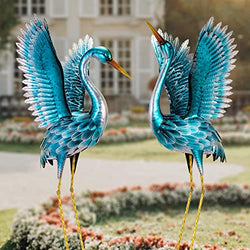 Garden Crane Statues for Outdoor, Blue Heron Decoy Garden Sculptures, Standing Metal Bird Yard Art for Patio Pond Backyard Decor(Set of 2)
