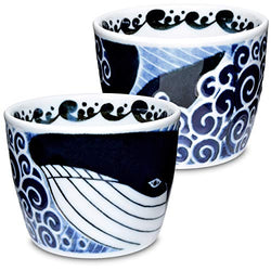 Mino Ware Traditional Japanese Yunomi Tea Cups, Wave Whale Design for Green Tea, Matcha Tea, Set of 2