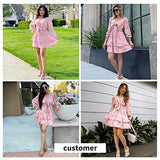 EXLURA Women Tie Front Elastic Waist Tiered Ruffle Layer Floral Balloon Long Sleeve V-Neck A-Line Mini Dress Pink