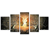 AWLXPHY Decor Abstract Canvas Wall Art Yellow and Black Set Lover Kiss Trees Painting Framed 5 Panels for Living Room Decor Retro Portrait Figures Prints Artwork Giclee (Yellow,W60 x H30)