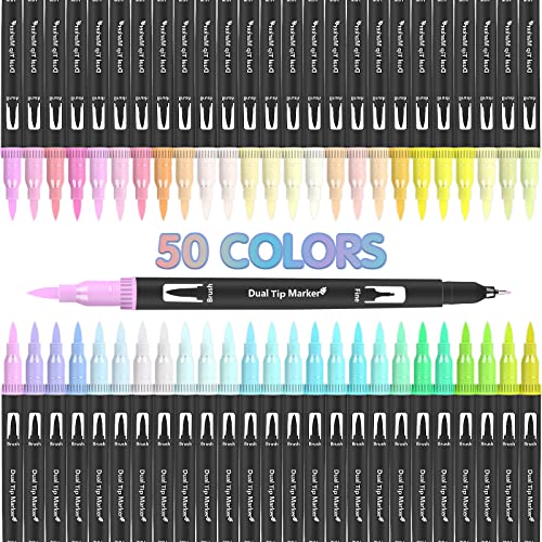 50 Pastel Colors Brush Markers Pens for Adult Coloring Books, Dual Tip Brush  Pen
