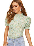 Romwe Women's Floral Print Short Ruffle Sleeve Mock Neck Summer Blouse Tops Green Small