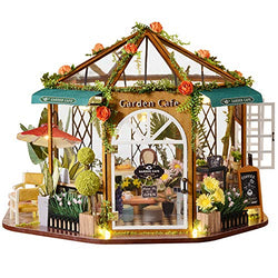 Fsolis DIY Dollhouse Miniature Kit with Furniture, Garden Cafe 3D Wooden Miniature House with Dust Cover, Miniature Dolls House kit Creative Gift (Garden Cafe)