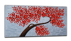 IWANART-3D Contemporary Abstract Art Oil Painting on Canvas Palette Knife Texture Red Flower Tree Paintings Canvas Wall Art Painting Modern Home Decor Living Room Ready to Hang Painting 24x48inch