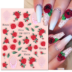 Valentine Nail Art Stickers Flower Nail Decals 5D French Red Rose Cupid Angel Wing White Embossed Nail Decoration Holographic Acrylic Nail Design Nail Supplies Manicure Decals for Women DIY 4Sheets