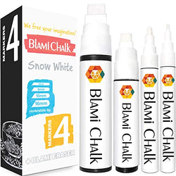 Blami Arts White Chalk Markers 4 Pack - Reversible Fine and Jumbo Tips 16mm - 10mm - 6mm - 3mm - Chalkboard Pens for Bistro Glass Windows - Eraser Sponge Included