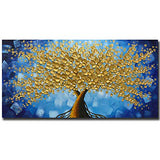 MUWU Paintings 24x48 Inch Lucky Tree Paintings 3D Abstract Paintings Golden Flower Oil Hand Painting On Canvas Wood Inside Framed Ready to Hang Wall Decoration for Living Room (Blue)