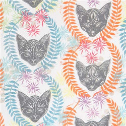 White with cat Colorful Leaf Flower Fabric Robert Kaufman Lucy and Ollie Digital (per 0.5 Yard
