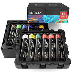 ARTEZA Acrylic Paint, Set of 12 Colors/Tubes (22 ml/0.74 oz.) with Storage Box, Rich Pigments,