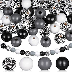 180 Pieces Leopard Wooden Beads Rustic Farmhouse Wood Beads Natural Handmade Polished Spacer Beads Wooden Loose Beads for Jewelry Making and DIY Crafting (Grey, Black, White, Black and White)