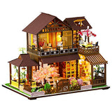 WYD 1:24 Scale Dollhouse DIY Miniature Furniture Kit Japanese Hand-Assembled Wooden Retro Villa Building Model and LED and Dust Cover Music Box Creative Dollhouse Furniture Decoration