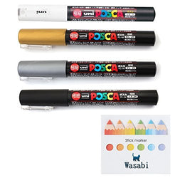 uni Posca Paint Marker Extra Fine (0.7mm) SPECIAL SET!! - WHITE/GOLD/SILVER/BLACK, Wasabi Sticky note