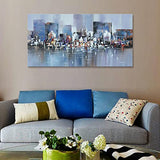Hand Painted Abstract City Oil Painting on Canvas Modern Blue Cityscape Wall Art for Home Office Decoration