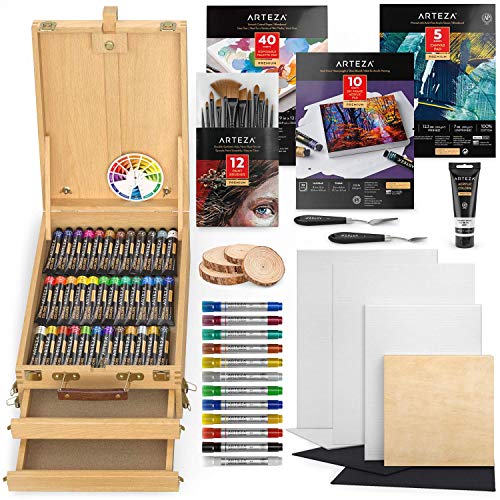 Arteza Acrylic Painting Art Set, Includes Acrylic Paint Set, Acrylic Markers, Easel, Canvases, Foldable Acrylic Pad, Palette, Brushes, Wood Slices, and More, Art Supplies Kit for Adults & Kids