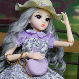 Proudoll 1/3 BJD Doll 60cm 24Inches Ball Jointed SD Dolls Move Joints Action Figures Caroline Hat Wig Blouse Dress Crossbody Bag Shoes (Purple)
