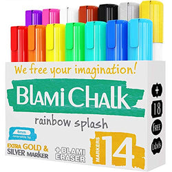 Blami Arts Chalk Markers and Chalkboard Labels Pack -14 Erasable Liquid Ink Pens - Non Toxic Extra Gold and Silver Colors Included - Reversible Tips and Erasnig Sponge