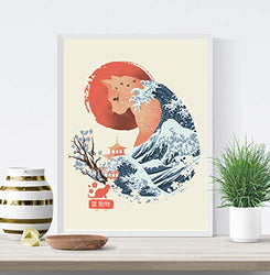 Japanese Sun Cat Art Print - Japanese Anime Unframed Wall Art 18 x 24 Great Ocean Wave Wall Hanging Spiritual Home Decor Japanese Theme Artwork Whimsical Cat Print Calming Nautical Decor