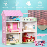 TOYROOM Wooden Dollhouse with Furniture Accessories 3 Storey 5 Rooms Balcony Large Villa Doll House Pretend Play Set Doll Playhouse Cottage Birthday Gift for Toddler Kids Girls Boys