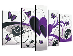 Wieco Art Abstract Oil Paintings on Canvas Wall Art Ready to Hang for Living room Bedroom Home Decorations Purple Love Butterfly Large Modern 5 Piece 100% Hand Painted Stretched and Framed Artwork L