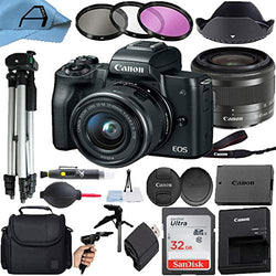Canon EOS M50 Mirrorless Digital Camera with EF-M 15-45mm is STM Zoom Lens + SanDisk 32GB Memory Card + Case + Tripod + 3 Pack Filters + A-Cell Accessory Bundle (Black)