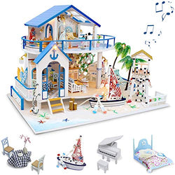 GuDoQi DIY Dollhouse Kit, Wooden Miniature Dollhouse with Furniture and Music, Tiny House Building Kit, DIY Miniature Kits to Build, Blue Sea Legend