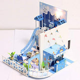 LFHT Wooden Miniature DIY House Kit with LED Light, 3D Assembly Dollhouse Kit Toy Blue House Christmas, Birthday Gift