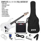 LyxPro 39 inch Electric Guitar Kit Bundle with 20w Amplifier, All Accessories, Digital Clip On Tuner, Six Strings, Two Picks, Tremolo Bar, Shoulder Strap, Case Bag Starter kit Full Size - White