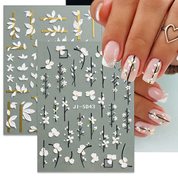 8 Sheets 5D Flower Nail Art Stickers Embossed Flowers Nail Decals Self Adhesive Nail Art Supplies Spring Summer Nail Art Decorations Cute White Floral Nail Stickers French Nail Designs for Women