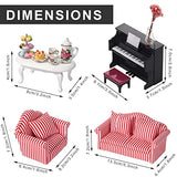 61 Pcs 1:12 Scale Dollhouse Sofa Accessories Set Dollhouse Food Miniature Dollhouse for Living Room Furniture Include Porcelain Tea Kits Mini Kitchen Food Tiny Piano for Doll Toy House (Red White)