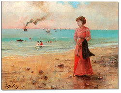 Jeune Femme a l'ombrelle Rouge au Bord de la mer by Alfred Stevens - 17" x 22" Gallery Wrap Giclee Canvas Print - Ready to Hang