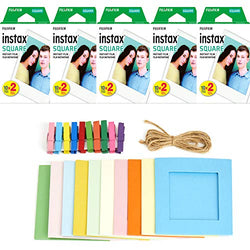 Fujifilm instax Square Instant Film + Hanging Photo Frames for Square Film Assorted Colors – Deluxe Accessory Bundle (100 Exposures)