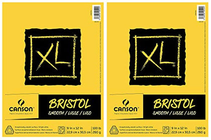 2-Pack - Canson XL Series Bristol Pad, Heavyweight Paper for Ink, Marker or Pencil, Smooth Finish, Fold Over, 100 Pound, 9 x 12 inch, Bright White, 25 Sheets
