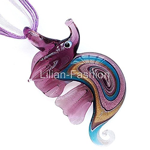 Silver Foil Sea Horse Lampwork Glass Murano Bead Pendant Ribbon Cord Necklace Purple