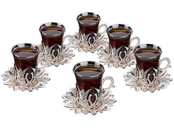 Luxury Turkish Tea Set with Saucers for 6 People - New Gold and Silver Tulip Flowered Design 12 Pieces Set - Great Vintage Housewarming Gift Tea Cups Set for Women, Men, New Home and Adults (Silver)