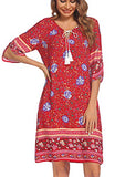 Bohemian Floral Red Dress Ethnic Style Tunic Boho Dresses Summer Short with Tie Neck M