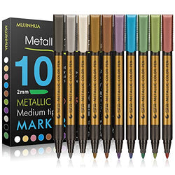 MUJINHUA Metallic Marker Pens, Set of 10 Colors Paint Markers for Black Paper, Rock Painting, Scrapbooking Crafts, Card Making, Ceramics, DIY Photo Album, Ceramic, Glass and More(Medium tip)
