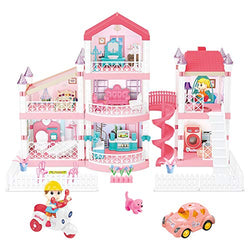 LEAMEERY Dream House Dollhouse Building Toys, Pretend Play Dream House for Girls, Three-Story Girls Doll house Toy with Furniture, Dolls, Pet, Car and Accessories, DIY Creative Gift for Girls Toddlers