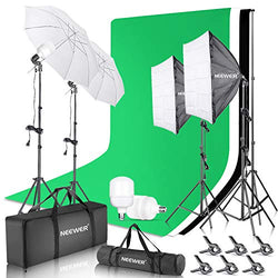 Neewer 8.5×10ft/2.6×3m Background Stand Support System with Black/White/Green Backdrop, 5500K 900W Continuous Lighting, Softbox, Umbrella, Clamp for Studio Photography Video Gaming