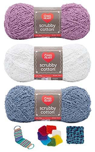 Coats Red Heart Cotton Scrubby Yarn Bundle 3-Pack Plus 3 Patterns 100% Cotton Medium Gauge (Denim Cotton Lavender)