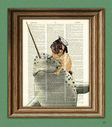 Captain Grumble the Sea Pug Riding His Narwhal Steed, Noodles Art Print Beautifully Upcycled Dictionary Page book Art Print Pug On a Narwhal