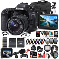 Canon EOS 80D DSLR Camera with 18-55mm Lens (1263C005) + 4K Monitor + Pro Headphones + Pro Mic + 2 x 64GB Memory Card + Case + Corel Photo Software + Pro Tripod + 3 x LPE6 Battery + More (Renewed)