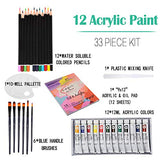 Falling in Art 33 Piece Painting Set of 12 Acrylic Colors with Paper Pad, Brushes, Palette and More